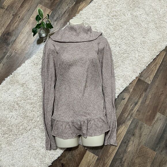 Anthropologie Maeve XL Beige Waffle Knit Cowl Neck Ruffle Hem Addie Rose Top - Picture 1 of 6